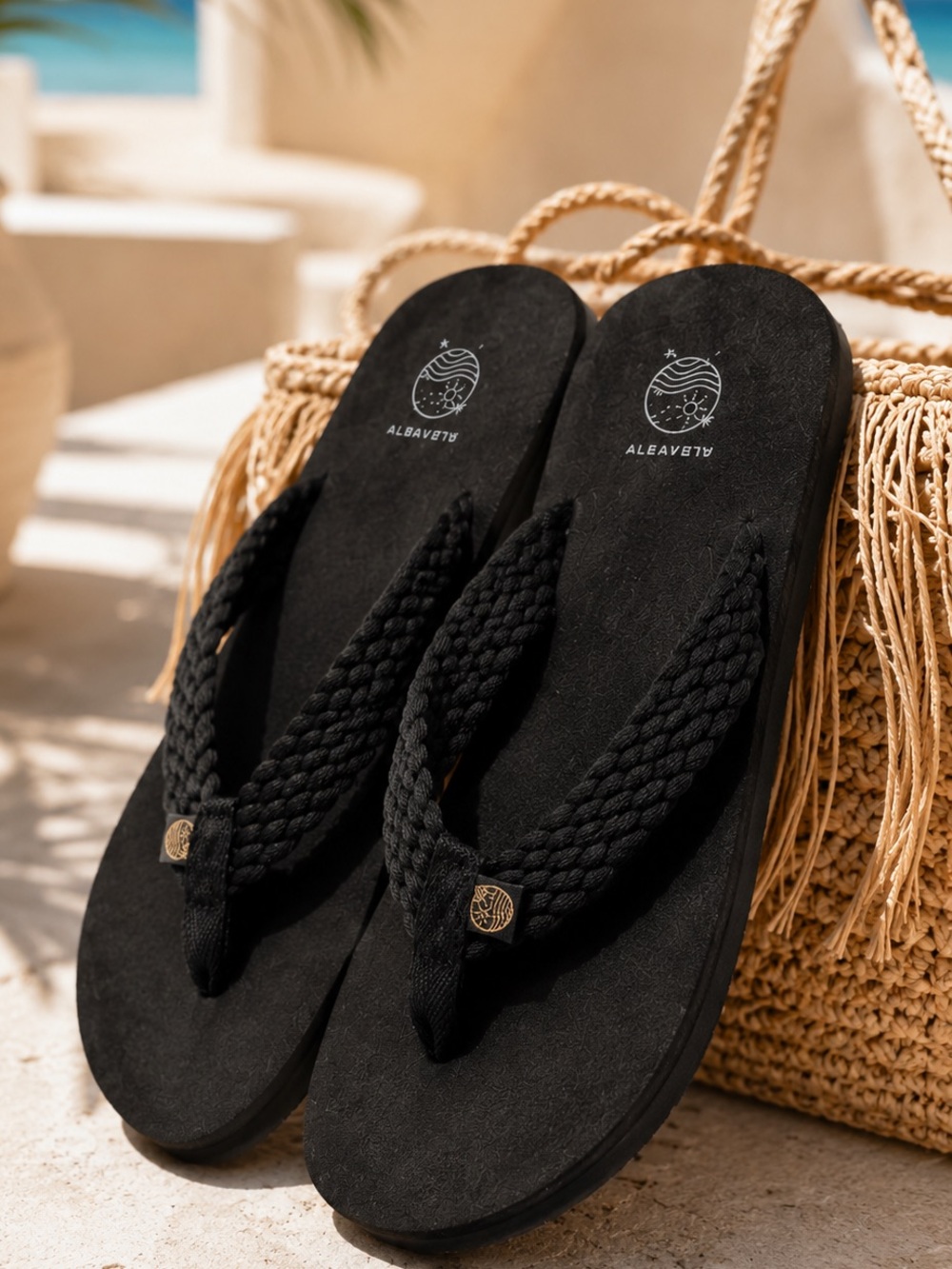 Cushion Cloud Black Braided Molded Footbed Flip Flop Sandals Arch Support Boho 7